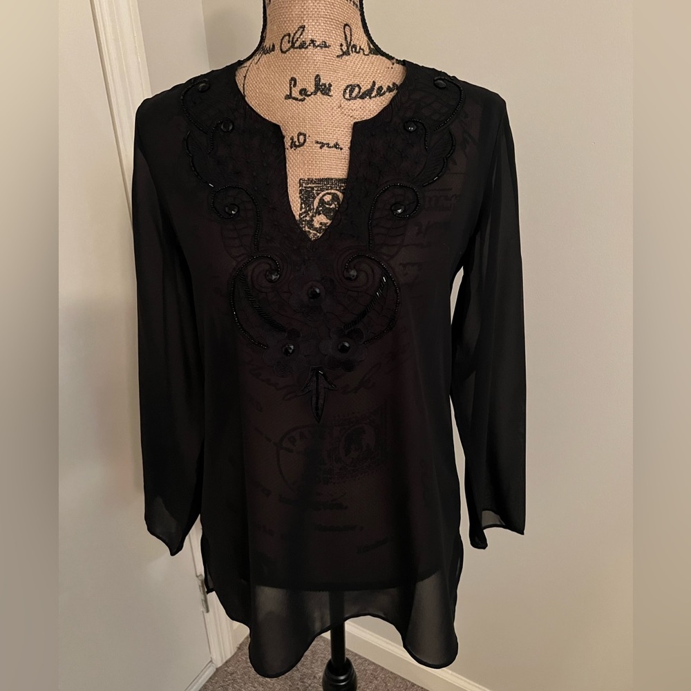 Chico’s Black Sheer Tunic Blouse with Beading Size 0 - Small
